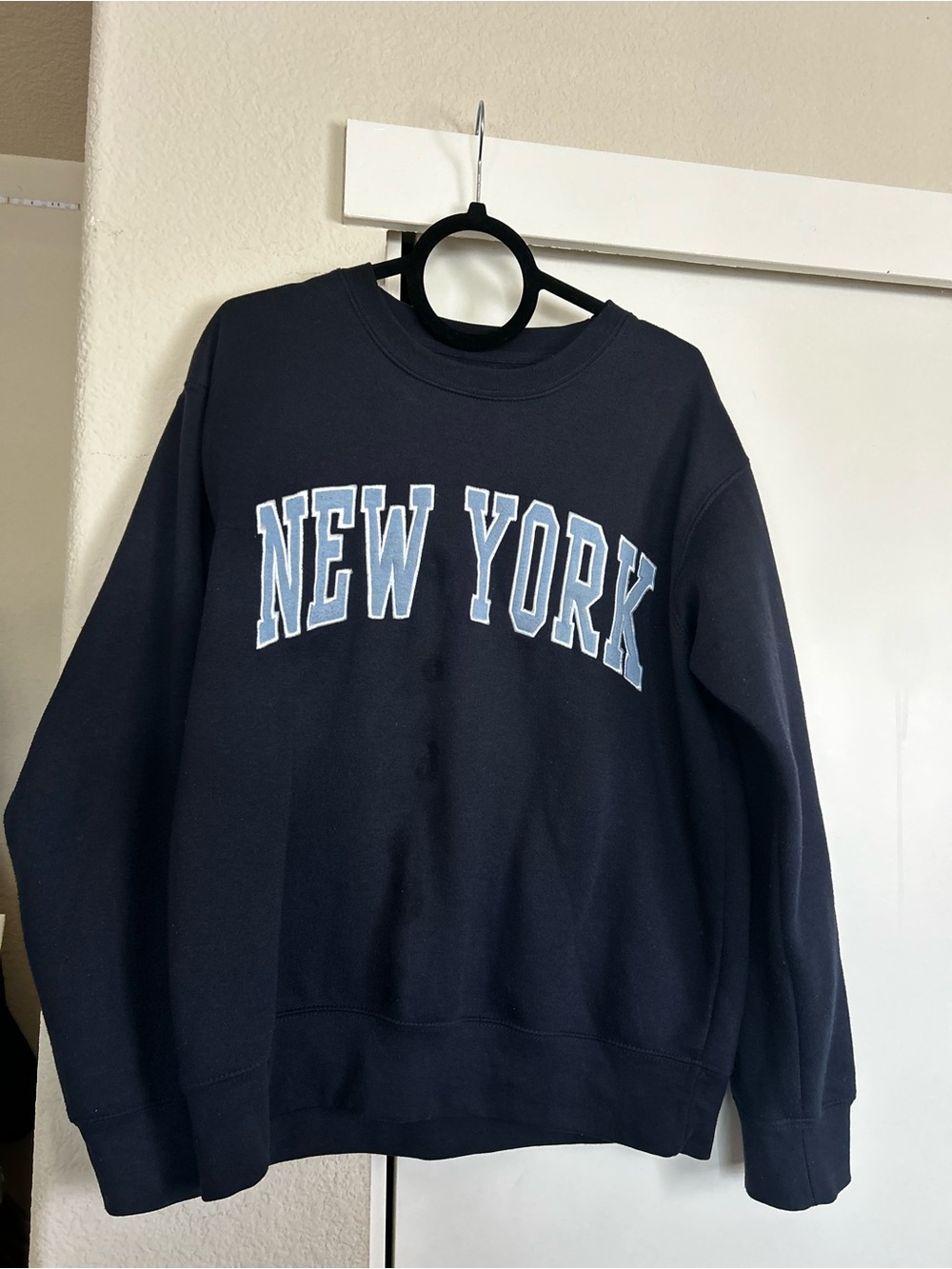 Navy Crewneck Sweater with Light Blue "New York" Graphic